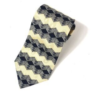 Ferrell Reed for Parisian Silk Tie XLong Navy Blue Tan Geometric Pattern Vintage
